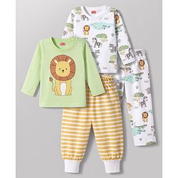 Babyhug Cotton Knit Full Sleeves Striped & Animal Printed Co-Ords T-Shirt & Pyjama Night Suit Pack Of 2 - Multicolor