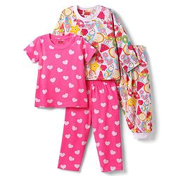 Babyhug 100% Cotton Knit Half & Full Sleeves T-Shirts & Pyjamas Co-ord Night Suits with Heart & Fruit Print Pack of 2 - Multicolor