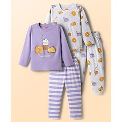 Babyhug Cotton Knit Full Sleeves T-Shirt & Pyjama Night-Suit With Breakfast Print Pack of 2 - Multicolor