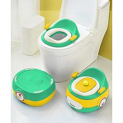 Babyhug 3-In-1 Baby Toilet Training Seat with Anti-Skip Pads and Step Stool - Green Yellow| Removable Potty Pot| Potty Training Seat| Potty Seat cum Chair for Kids 1-6 Years-Green Yellow