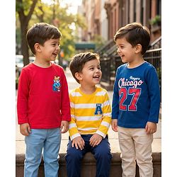 Babyhug Cotton Knit Full Sleeves T-Shirts with Stripes Tiger & Players Chicago 27 Graphics Pack of 3 - Yellow Red & Blue