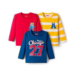 Babyhug Cotton Knit Full Sleeves T-Shirts with Stripes Tiger & Players Chicago 27 Graphics Pack of 3 - Yellow Red & Blue