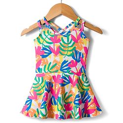 Babyhug Sleeveless Water Repellant  Frock Swimsuit with Tropical Theme Print - Pink Blue & White