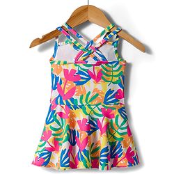 Babyhug Sleeveless Water Repellant  Frock Swimsuit with Tropical Theme Print - Pink Blue & White