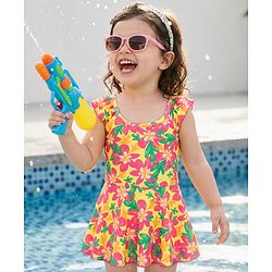 Babyhug Sleeveless Floral Printed Water Repellant Frock Swimsuit - Mutlicolour