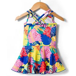 Babyhug Water Repellant Sleeveless Tropical Theme Printed Frock Swimsuit -Multicolour