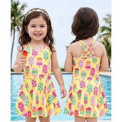 Babyhug Water Repellant Sleeveless Frock Swimsuit With Floral Print - Green