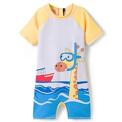 Babyhug Raglan Half Sleeves Nautical Theme & Animal Printed Legged Swimsuit - Blue