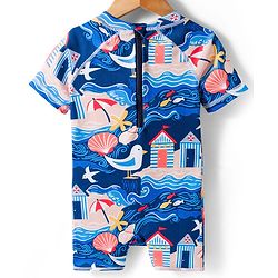 Babyhug Half Raglan Sleeves Beach Theme Printed Legged Swimsuit - Navy Blue