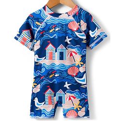 Babyhug Half Raglan Sleeves Beach Theme Printed Legged Swimsuit - Navy Blue