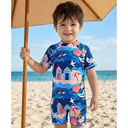 Babyhug Half Raglan Sleeves Beach Theme Printed Legged Swimsuit - Navy Blue