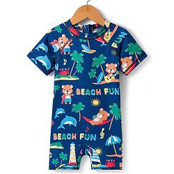 Babyhug Water Repellant Half Raglan Sleeves Beach Theme Printed Legged Swimsuit - Navy Blue