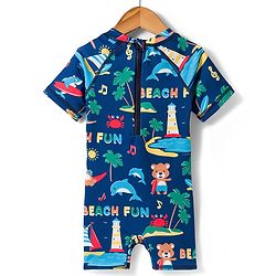 Babyhug Water Repellant Half Raglan Sleeves Beach Theme Printed Legged Swimsuit - Navy Blue