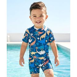 Babyhug Water Repellant Half Raglan Sleeves Legged Swimsuit   With Dino Print - Navy Blue