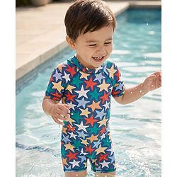 Babyhug Water Repellant Half Raglan Sleeves Legged Swimsuit  With Star Print - Navy Blue