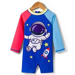 Babyhug Raglan Full Sleeves Space Theme Printed Legged Swimsuit - Blue & Red