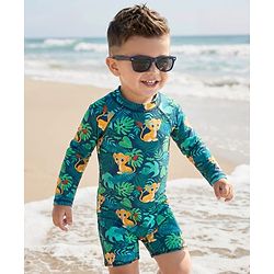 Babyhug Water Repellent Full Raglan Sleeves Legged Swimsuit With Lion Print - Navy Blue
