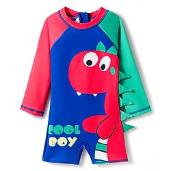 Babyhug Water Repellent Full Raglan Sleeves Legged Swimsuit   With Dino Print - Navy Blue