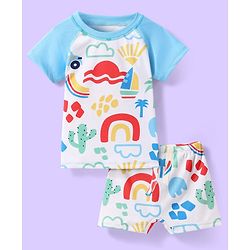Babyhug Water Repellant Half Raglan Sleeves Beach Theme Printed Two Piece Swimsuit - Light Blue