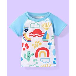 Babyhug Water Repellant Half Raglan Sleeves Beach Theme Printed Two Piece Swimsuit - Light Blue