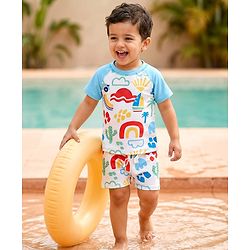 Babyhug Water Repellant Half Raglan Sleeves Beach Theme Printed Two Piece Swimsuit - Light Blue