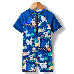 Babyhug Water Repellant Half Raglan Sleeves Legged Swimsuit  with Animal Print - Navy Blue