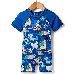Babyhug Water Repellant Half Raglan Sleeves Legged Swimsuit  with Animal Print - Navy Blue