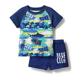 Babyhug Water Repellant Half Raglan Sleeves Two Piece Swimsuit With Shark Print - Navy Blue