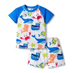 Babyhug Water Repellent Half Raglan Sleeves Sea Life Printed Two Piece Swimsuit - Blue