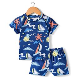 Babyhug Half Raglan Sleeves Beach Theme Printed Two Piece Swimsuit - Navy Blue