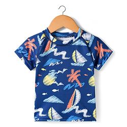 Babyhug Half Raglan Sleeves Beach Theme Printed Two Piece Swimsuit - Navy Blue