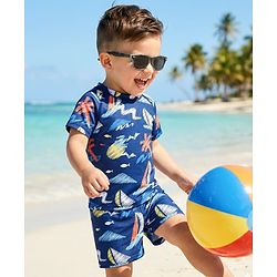 Babyhug Half Raglan Sleeves Beach Theme Printed Two Piece Swimsuit - Navy Blue