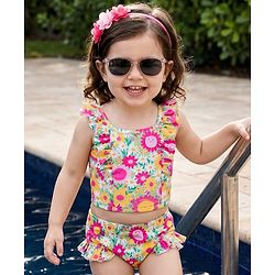 Babyhug Sleeveless Water Repellant Two Piece Swimsuit with Floral Print - Multicolor