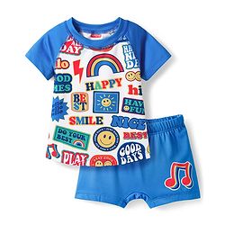 Babyhug Water Repellent Half Raglan Sleeves Printed Two Piece Swimsuit - Blue