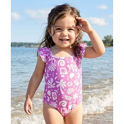 Babyhug Water Repellent  Sleeveless V Cut Swimsuit With Tropical Theme Print - Purple