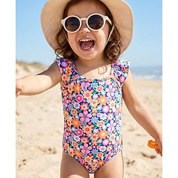 Babyhug Water Repellent Sleeveless V Cut Swimsuit With Floral Print - Multicolor