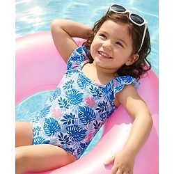 Babyhug Water Repellent Sleeveless V Cut Swimsuit With Leaf Print - Blue