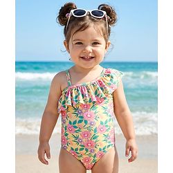 Babyhug Water Repellant Sleeveless V Cut Swimsuit With Floral Print - Yellow