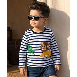 Babyhug Cotton Knit Full Sleeves Striped T-Shirt With Lion Print - Multicolor