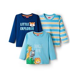 Babyhug Cotton Knit Full Sleeves T-Shirts With Stripes & Animal Print Pack of 3 - Multicolor