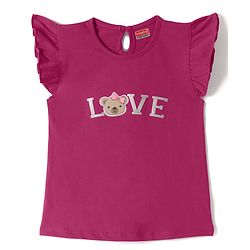 Babyhug 100% Cotton Knit Half Frill Sleeves Bear Embroidered & Text Printed T-Shirt - Dark Pink