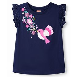 Babyhug Cotton Knit Half Sleeves T-Shirt With Floral Print & Sequin Detailing - Navy Blue