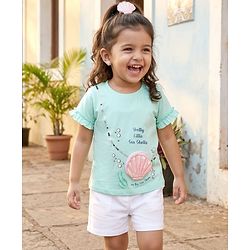 Babyhug Cotton Knit Half Sleeves T-Shirt With Sequin Detailing & Seashell Applique - Multicolor