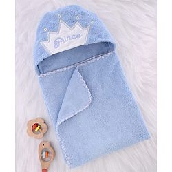 Babyhug Microfiber Knit Hooded Towel With Text Embroidery Light L 76 x B 69 cm - Blue