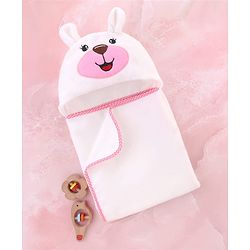 Babyhug Terry Knit Microfiber Hooded Towel with Bunny Embroidery & Applique L 75 x B 70 cm - White