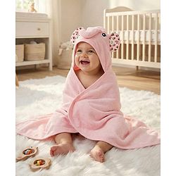 Babyhug Terry Knit Hooded Towel With Elephant Design & Floral Print L 73 x B 73 cm - Pink