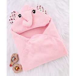 Babyhug Terry Knit Hooded Towel With Elephant Design & Floral Print L 73 x B 73 cm - Pink