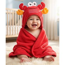 Babyhug Terry Knit Hooded Towel With Crab Design L 71.5 cm X B 68.5 cm -  Red
