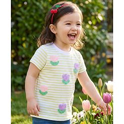 Babyhug 100% Cotton Knit Half Sleeves Floral Embroidered Striped T-Shirt - Multicolour