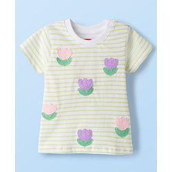 Babyhug 100% Cotton Knit Half Sleeves Floral Embroidered Striped T-Shirt - Multicolour